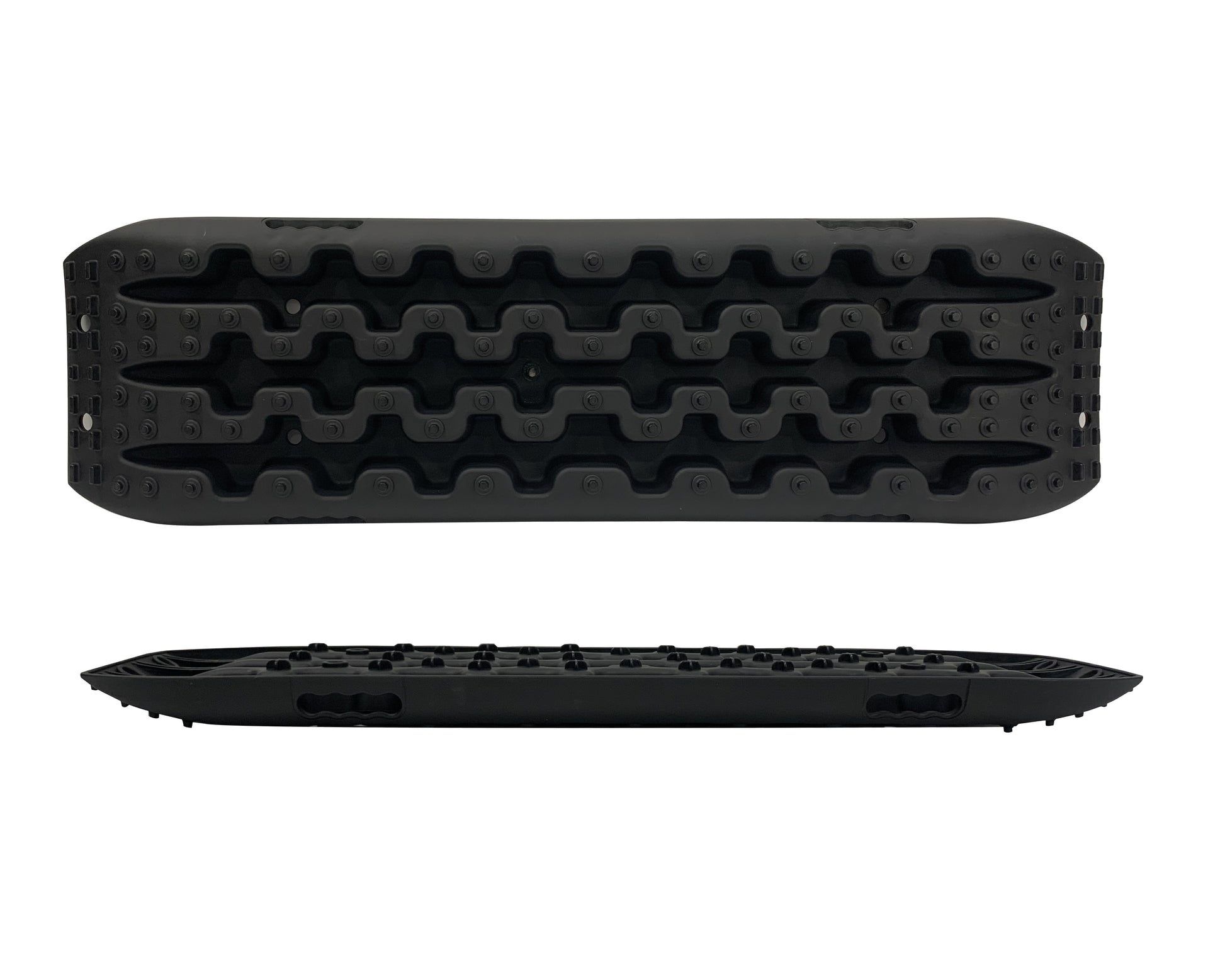 Two black silicone ice cube trays on a white background