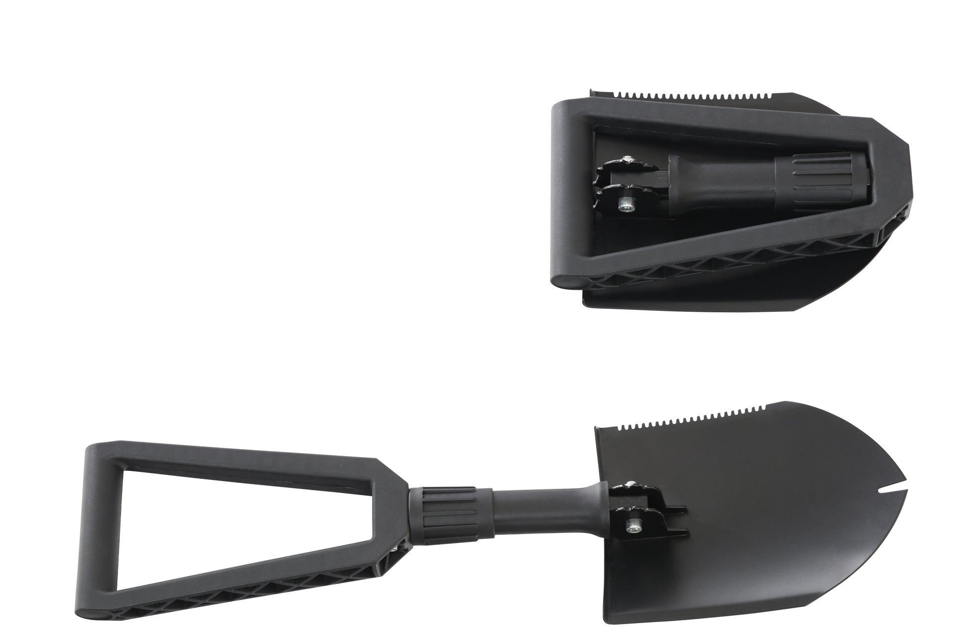 Black folding shovel on a white background