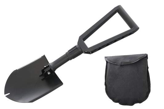 Black folding shovel with carrying pouch on a white background