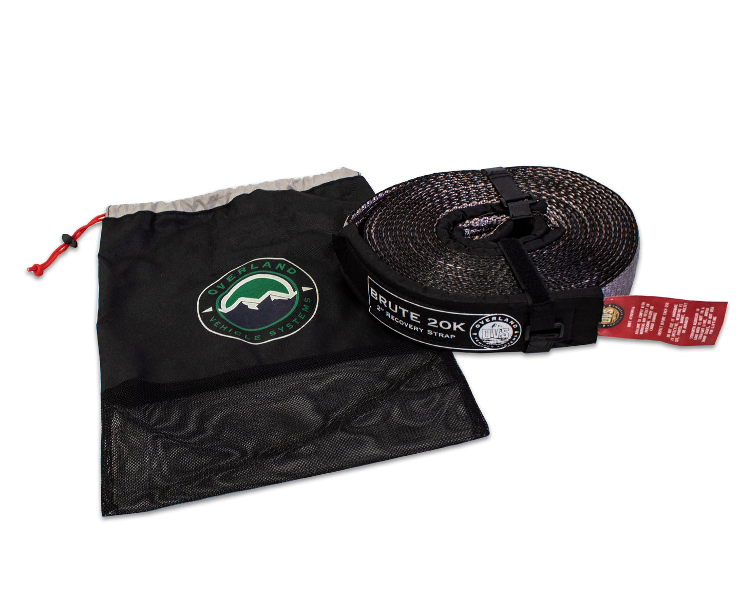 Black webbing strap with a drawstring bag featuring a logo on a white background