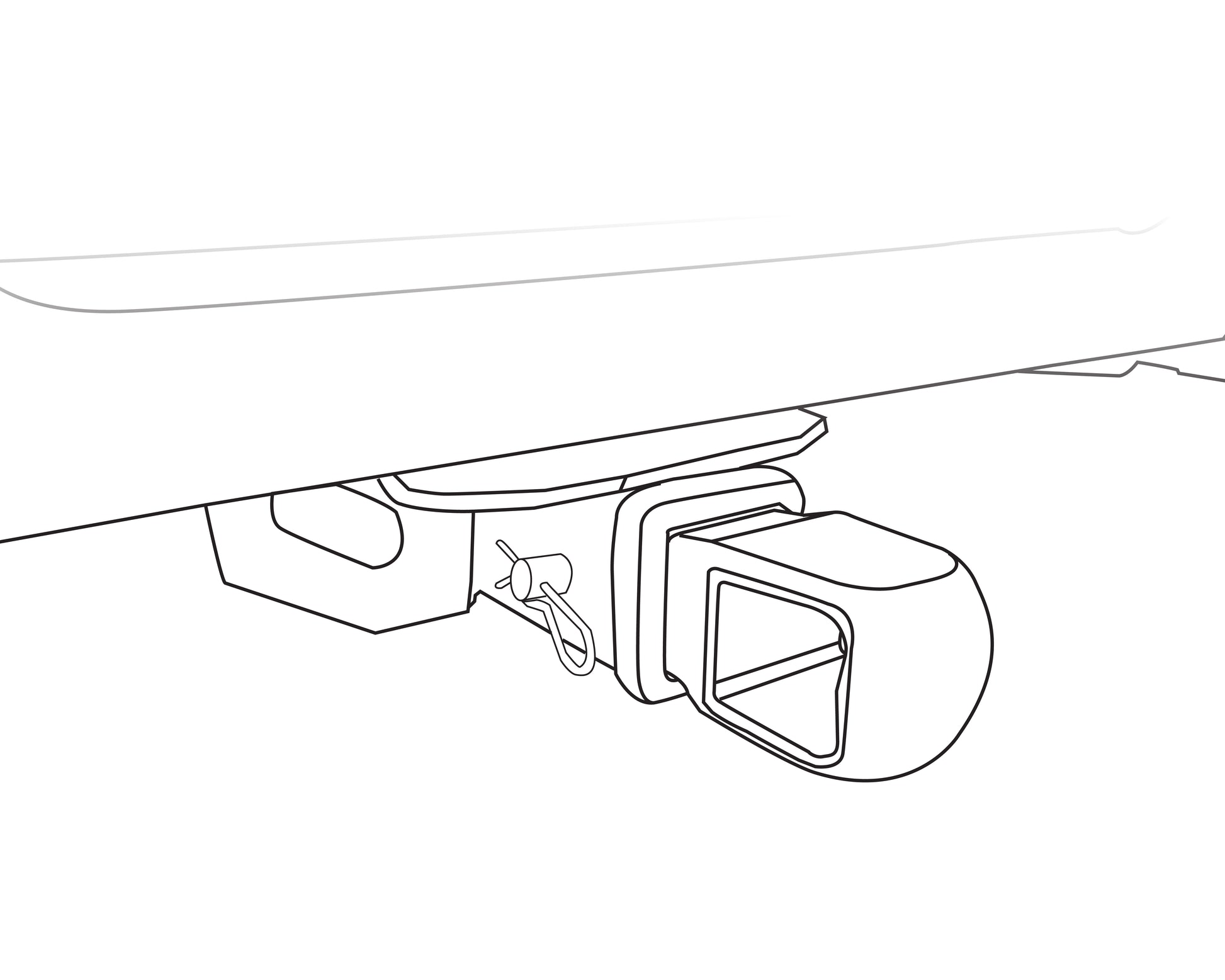 Line drawing of a car's tow hitch and receiver on a white background