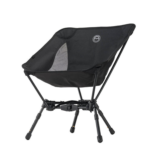 Black camping chair with a logo on a white background