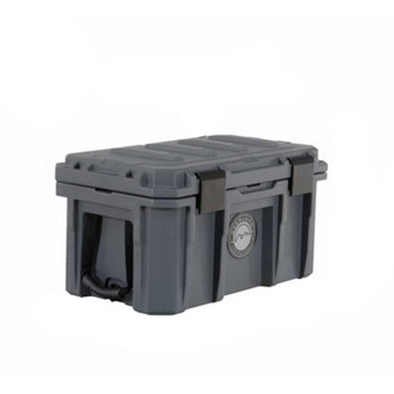 Gray storage box with a visible brand logo on a white background