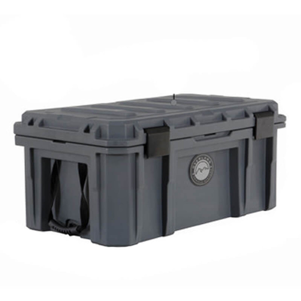 Gray storage crate with a visible brand logo on a white background
