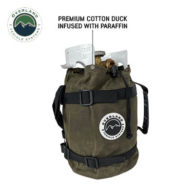 Green canvas bag with paraffin and tools, featuring Overland Vehicle Rentals logo.