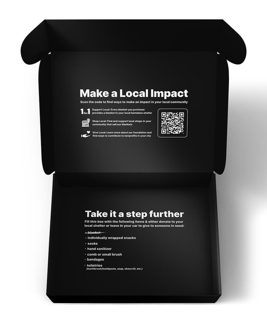 Black box with text and QR code on a white background