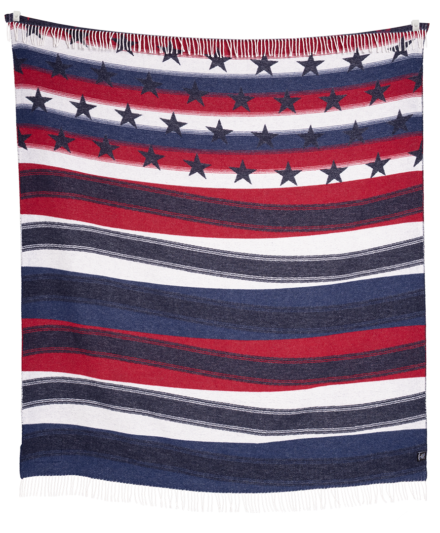 Blanket with red, white, and blue stripes and star patterns