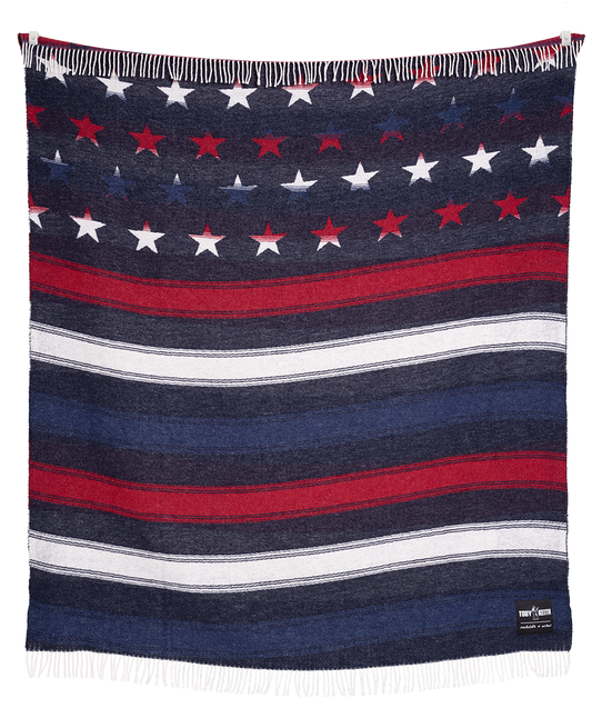 Navy blanket with red, white, and blue stars and stripes pattern