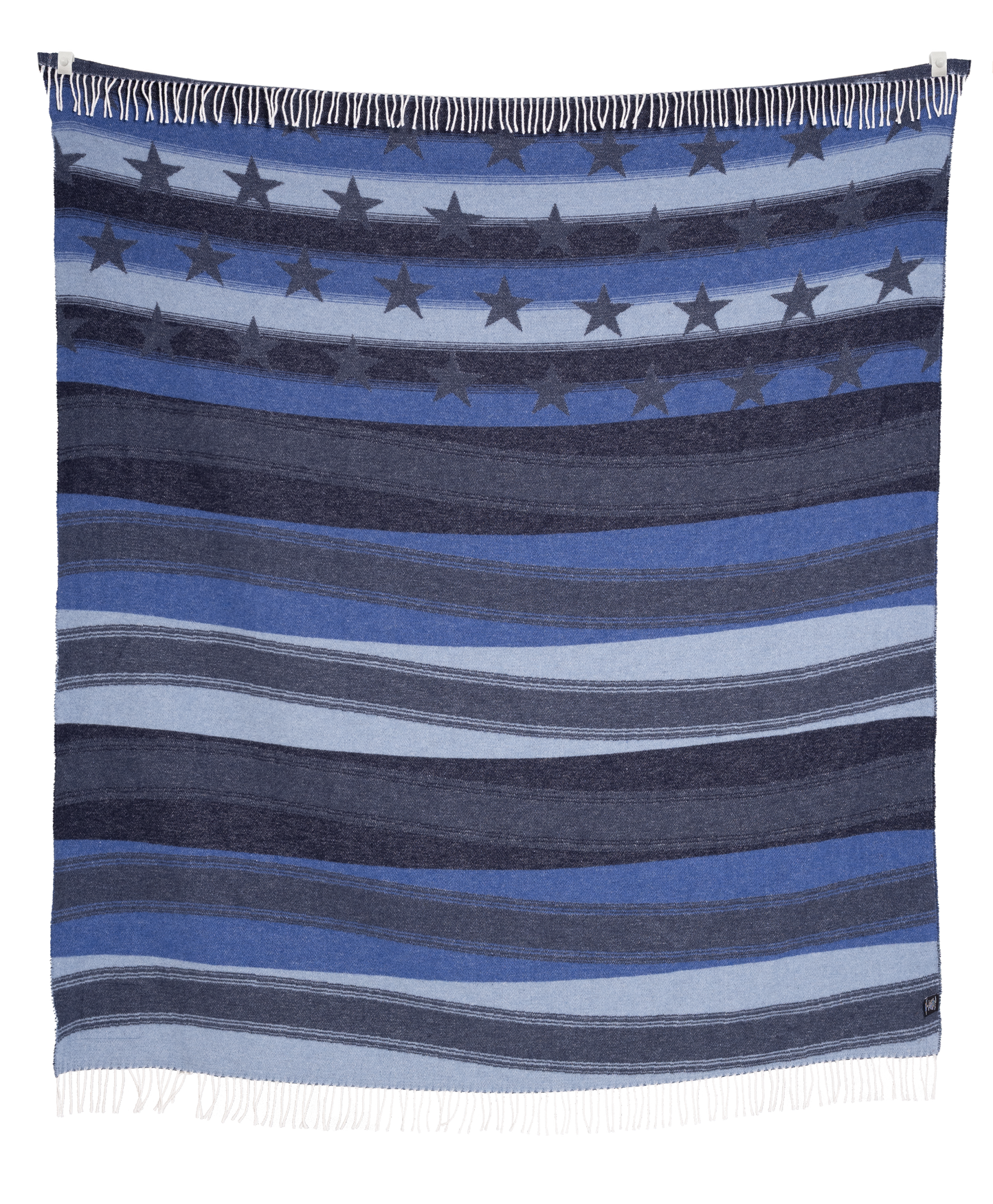 Striped blanket with blue and gray pattern on a white background