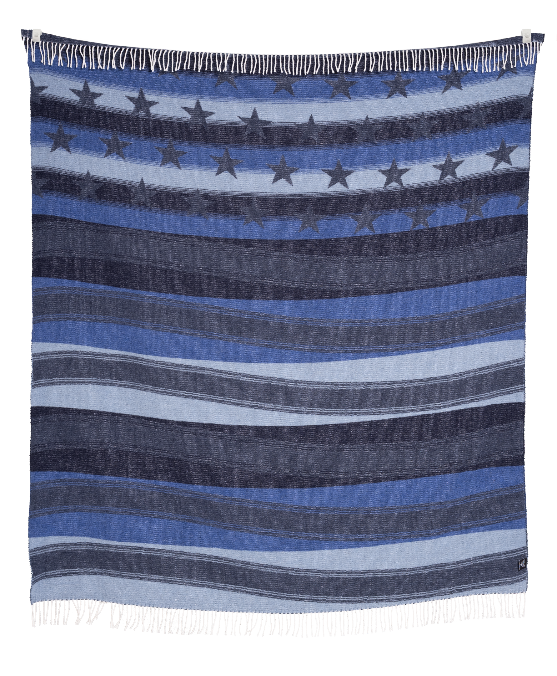 Striped blanket with blue and gray pattern on a white background