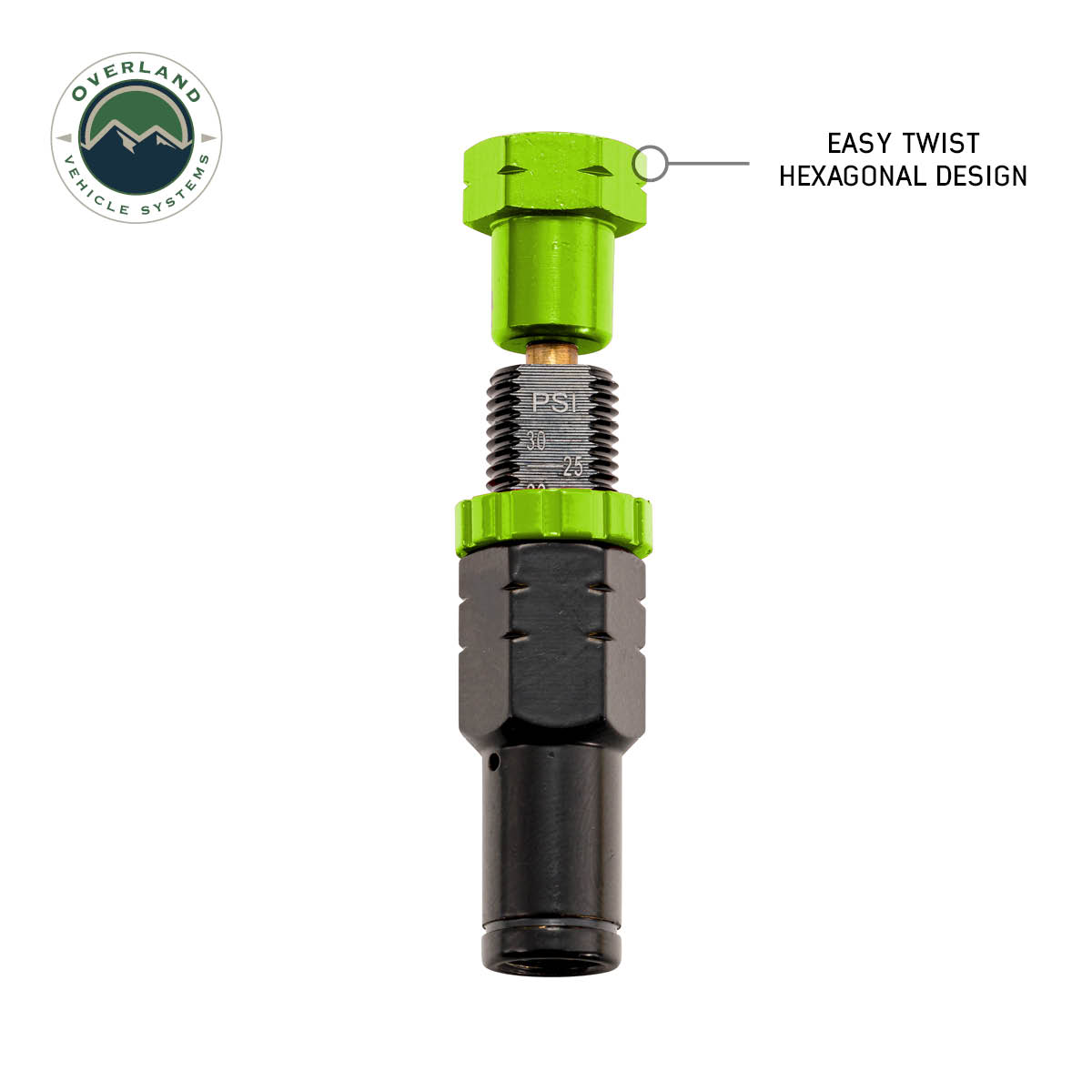 Green and black vehicle quick disconnect fitting with 'Overland Vehicle Systems' logo on a white background.
