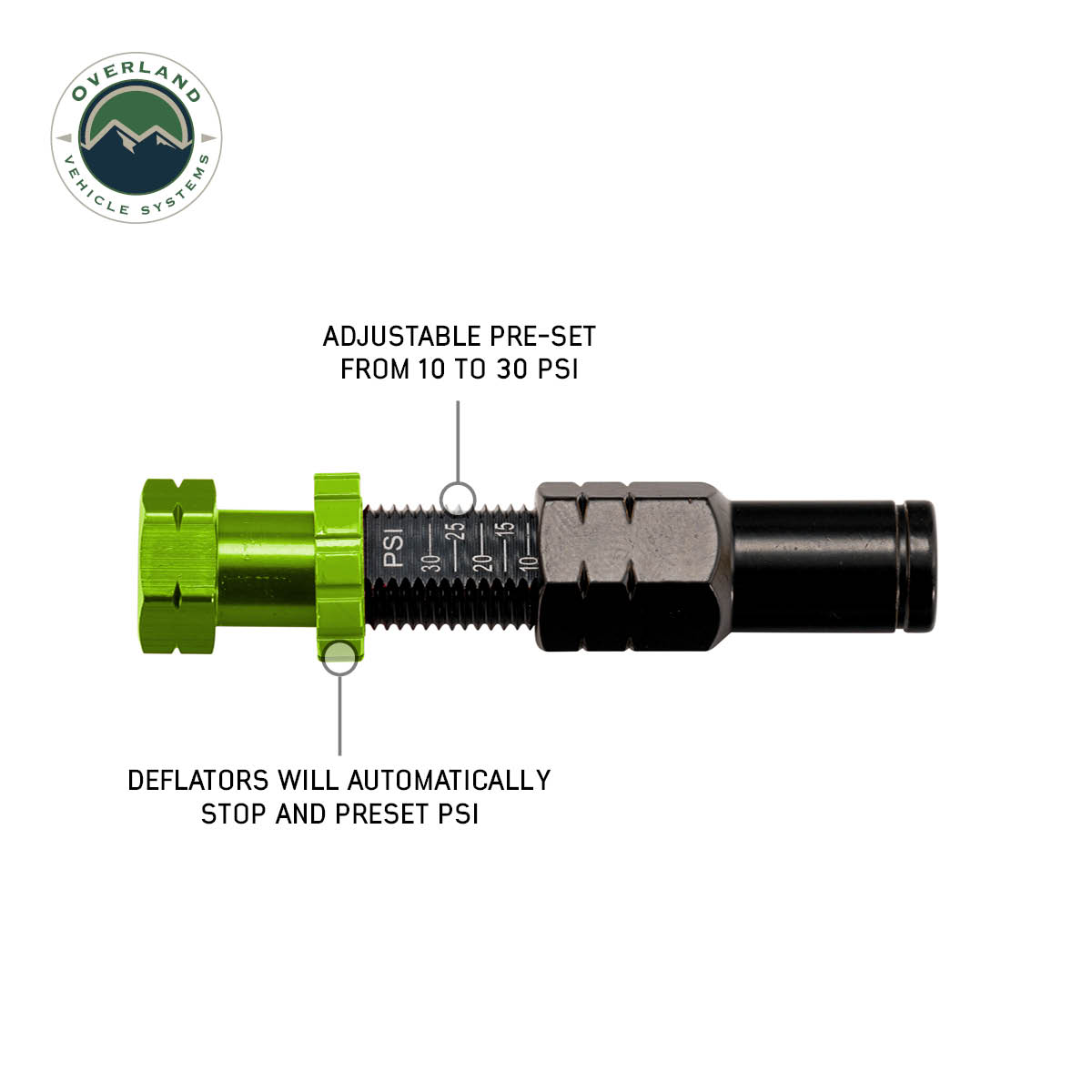 Tire pressure deflator with adjustable PSI settings on a white background, featuring Overland Vehicle Systems logo.