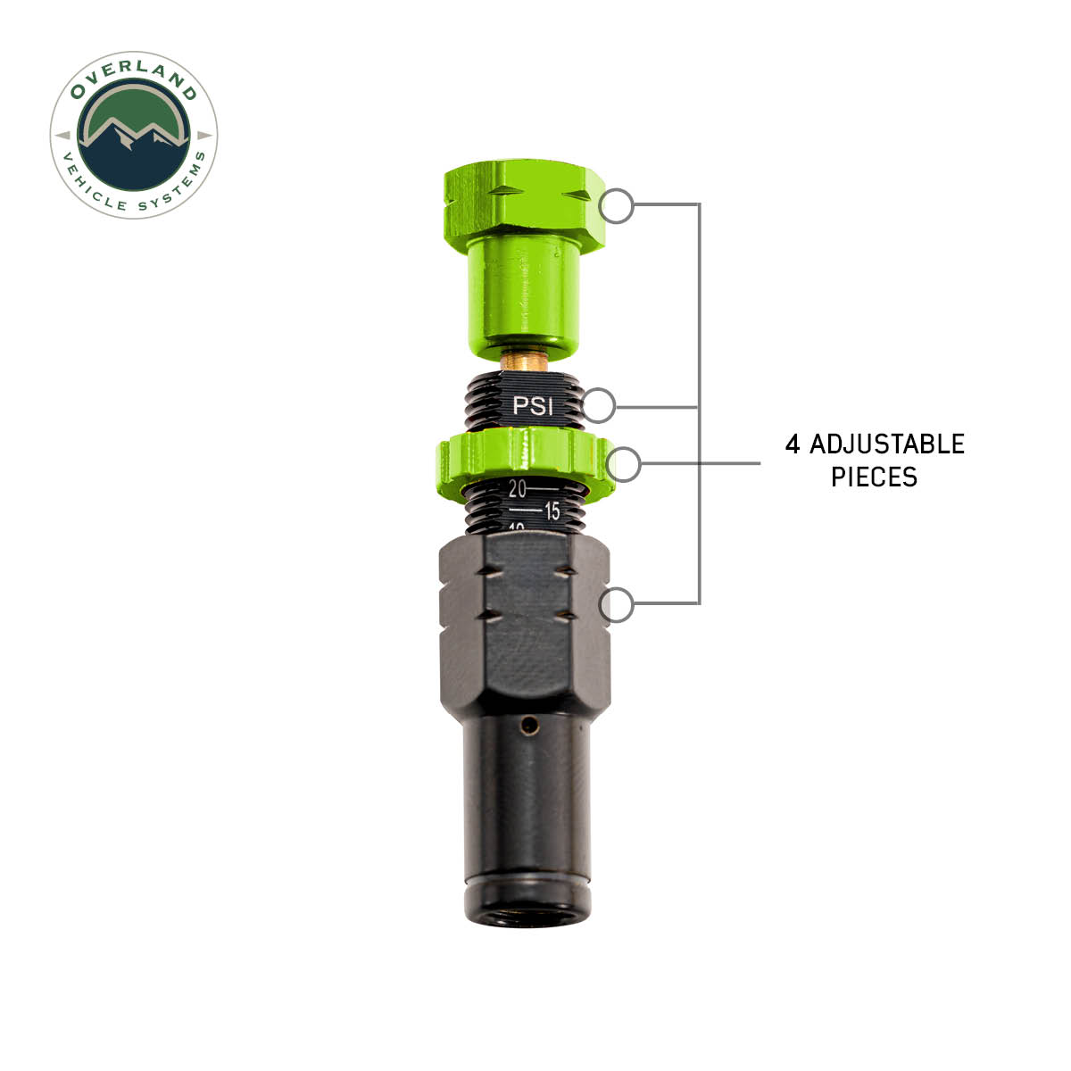 Green and black adjustable pressure valve with Overland Vehicle Systems logo on a white background
