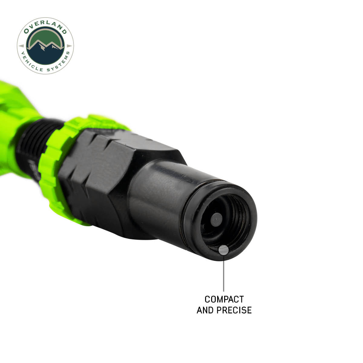 Close-up of a green and black deflater with 'Overland Vehicle Systems' logo on a white background.