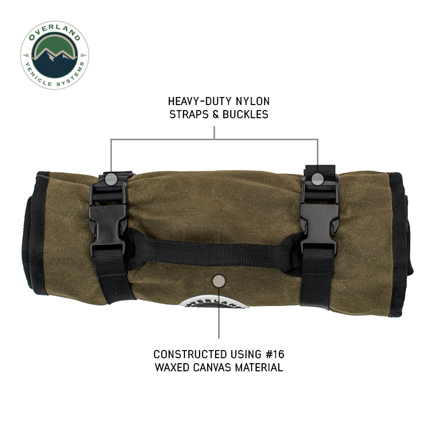 Green roll-up tool bag with black straps and buckles, labeled with material and construction details, on a white background.