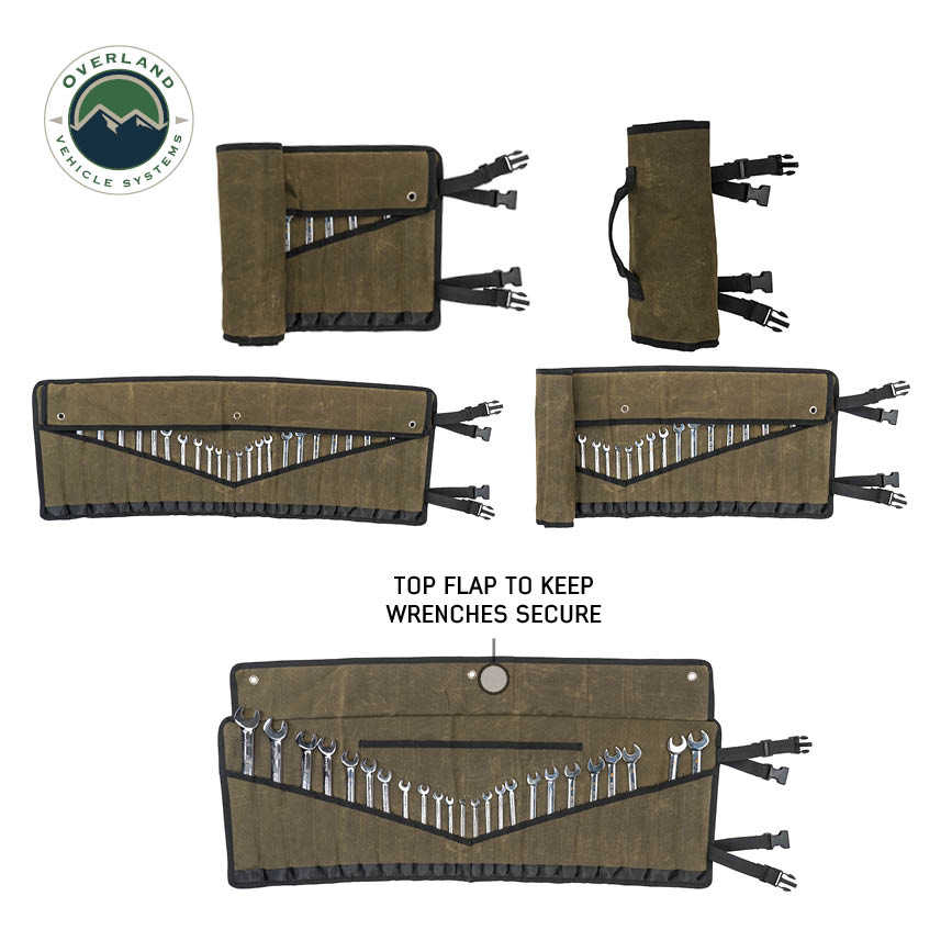 Wrenches in a green roll-up tool case with Overland Vehicle Systems logo.