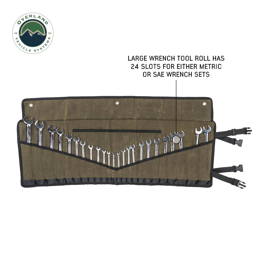 Wrench tool roll with multiple wrenches on a white background, featuring Overland Vehicle Systems logo.