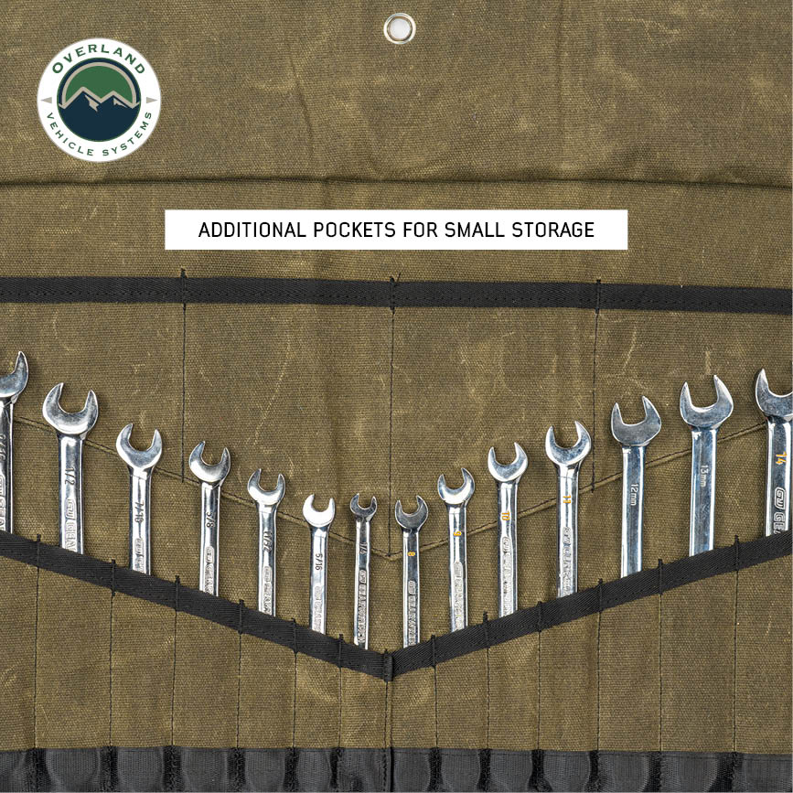 Set of wrenches in a roll-up tool holder with Overland Vehicle Systems logo.