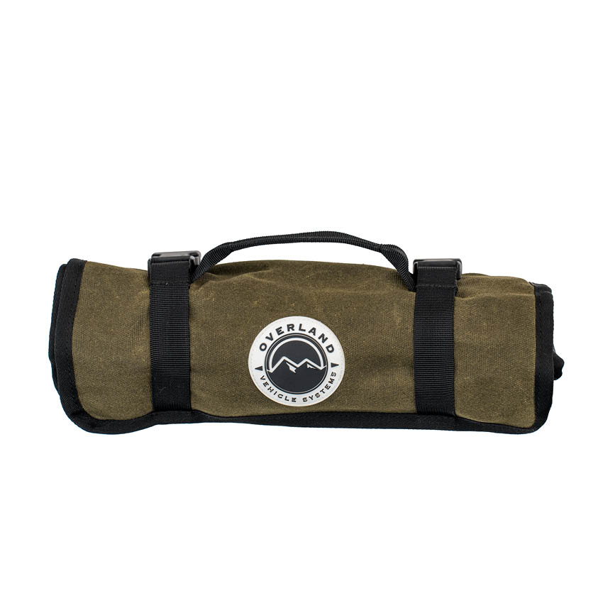 Green roll-up tool bag with black straps and Overland Mall logo on a white background