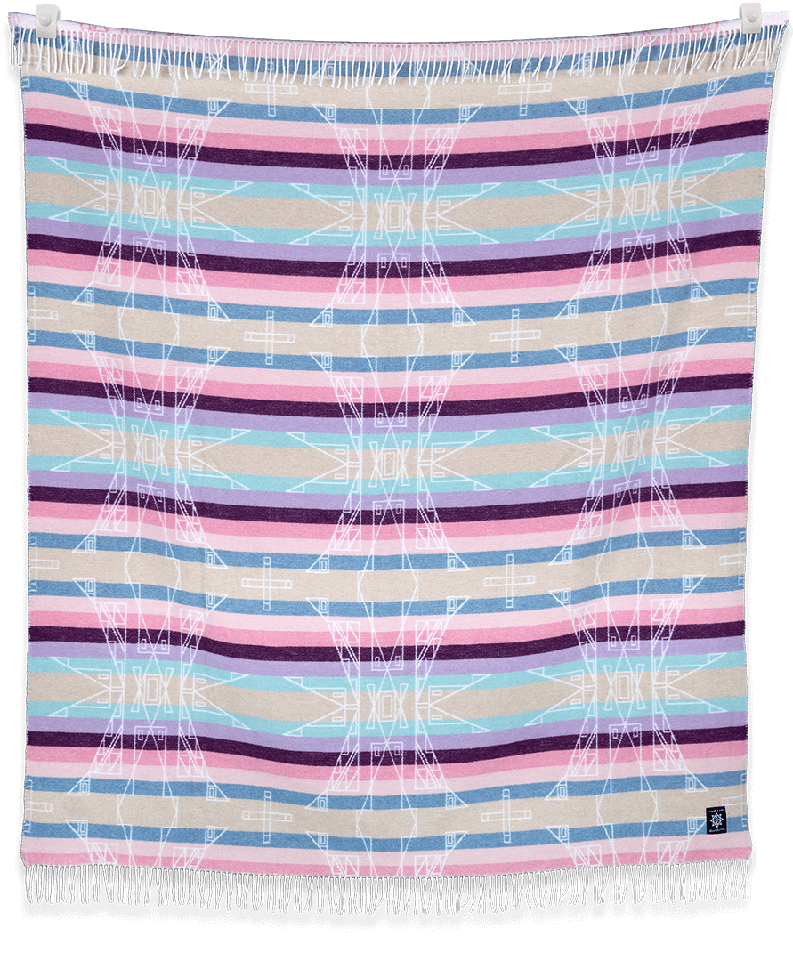 Striped blanket with pink, blue, and purple colors on a black background