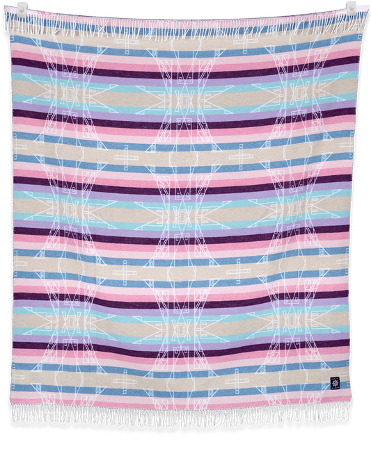 Striped blanket with pink, blue, and purple colors on a black background