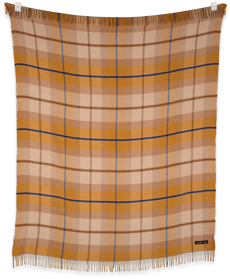Plaid blanket with brown and blue pattern on a black background