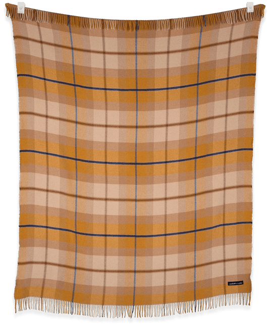 Plaid blanket with brown and blue pattern on a black background