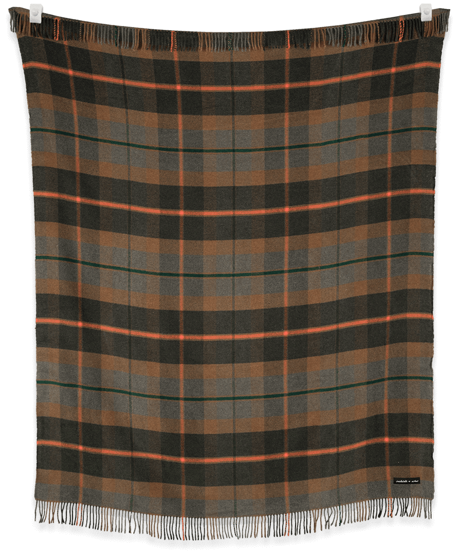 Plaid blanket with brown and green pattern on a black background