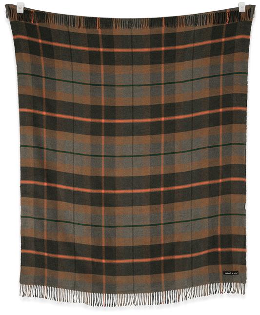 Plaid blanket with brown and green pattern on a black background