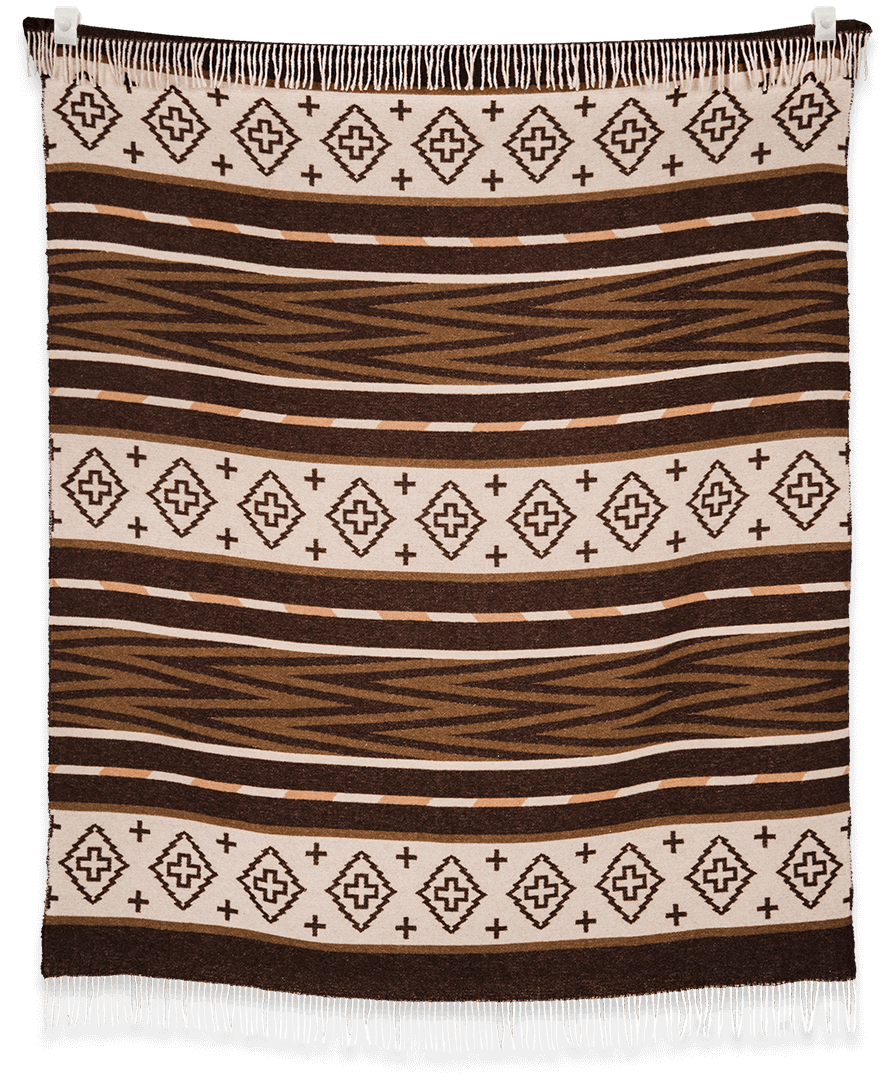 Woven blanket with brown and beige pattern on a white background