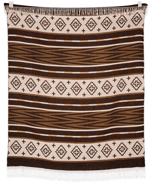 Woven blanket with brown and beige pattern on a white background