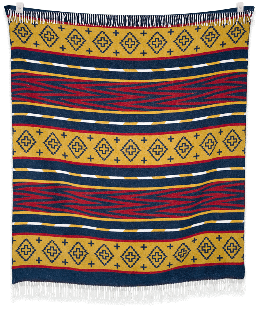 Woven blanket with geometric pattern in red, blue, and yellow on a black background