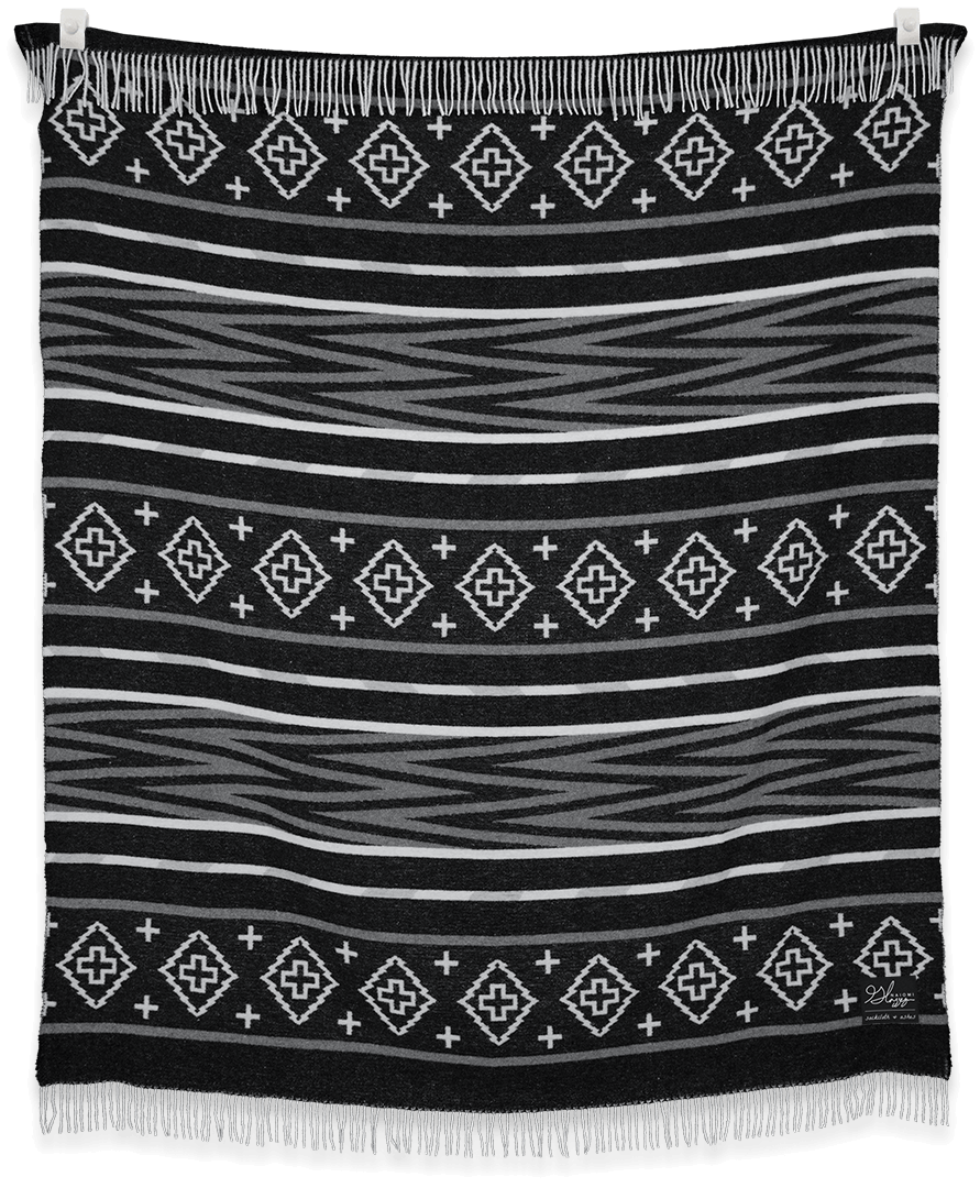 Black blanket with white geometric pattern