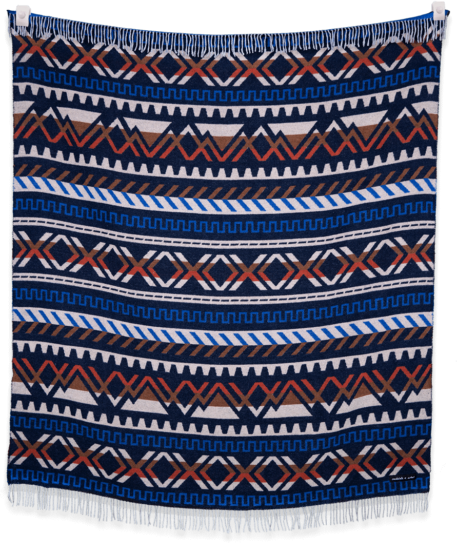 Patterned blanket with blue, white, and brown colors on a black background