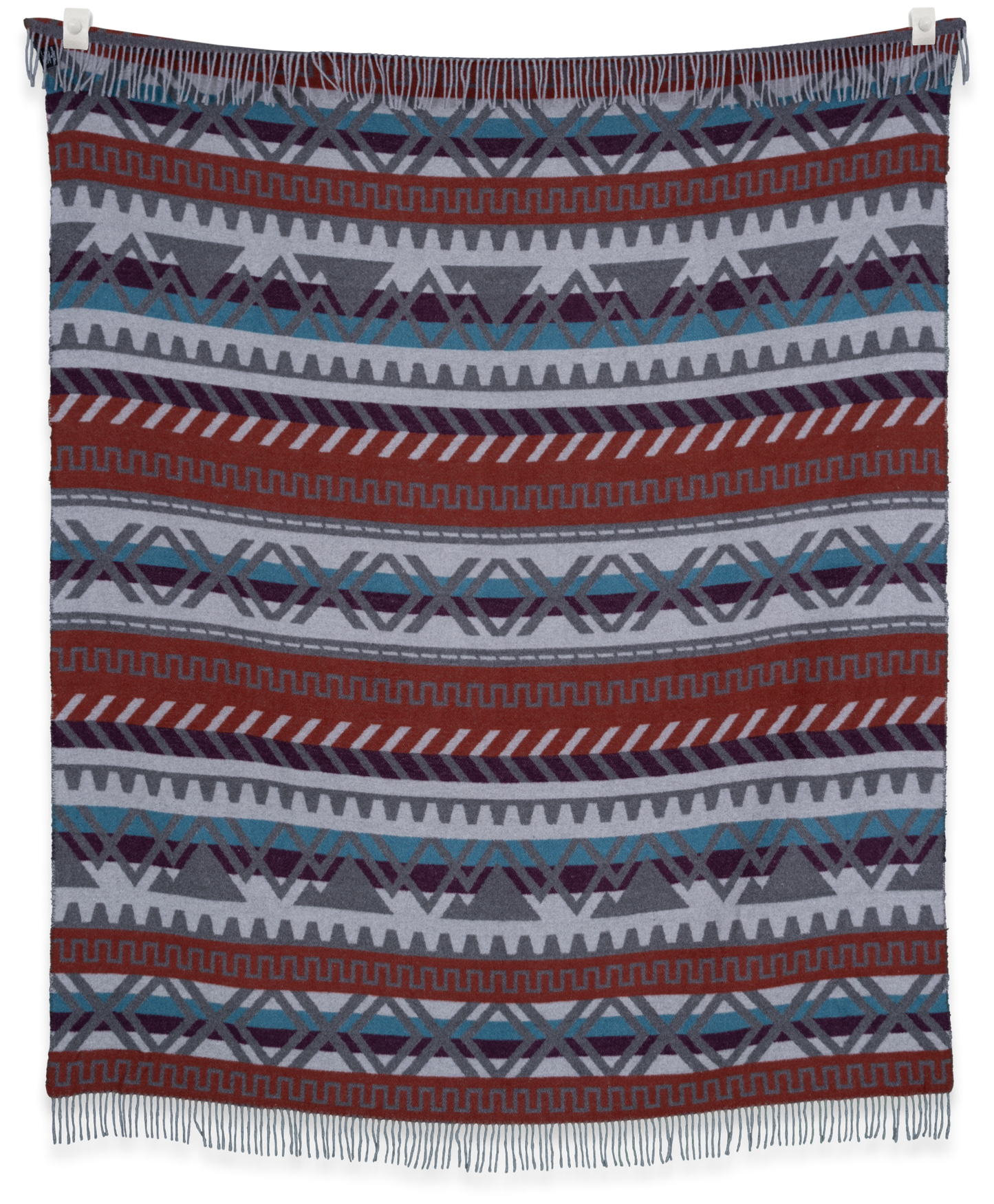 Woven blanket with geometric pattern on a white background