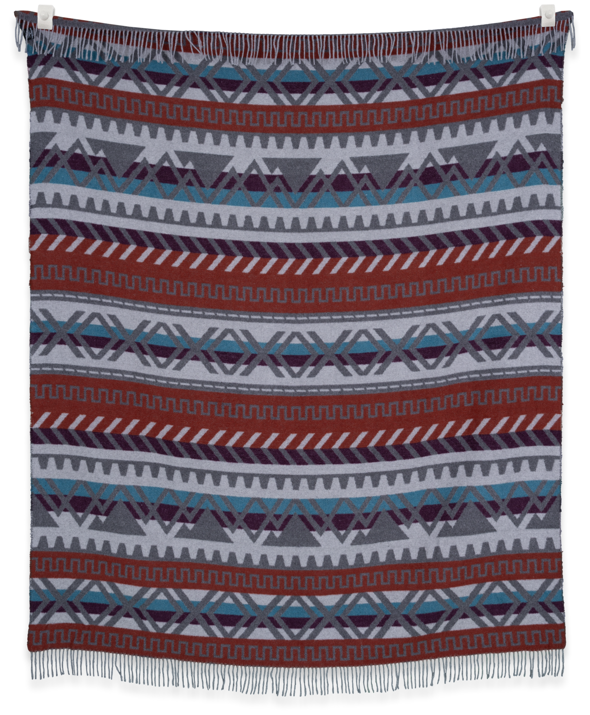 Woven blanket with geometric pattern on a white background
