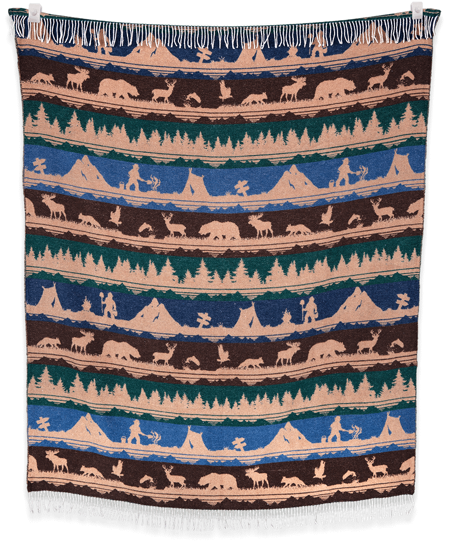 Woven blanket with Native American scene pattern on a black background
