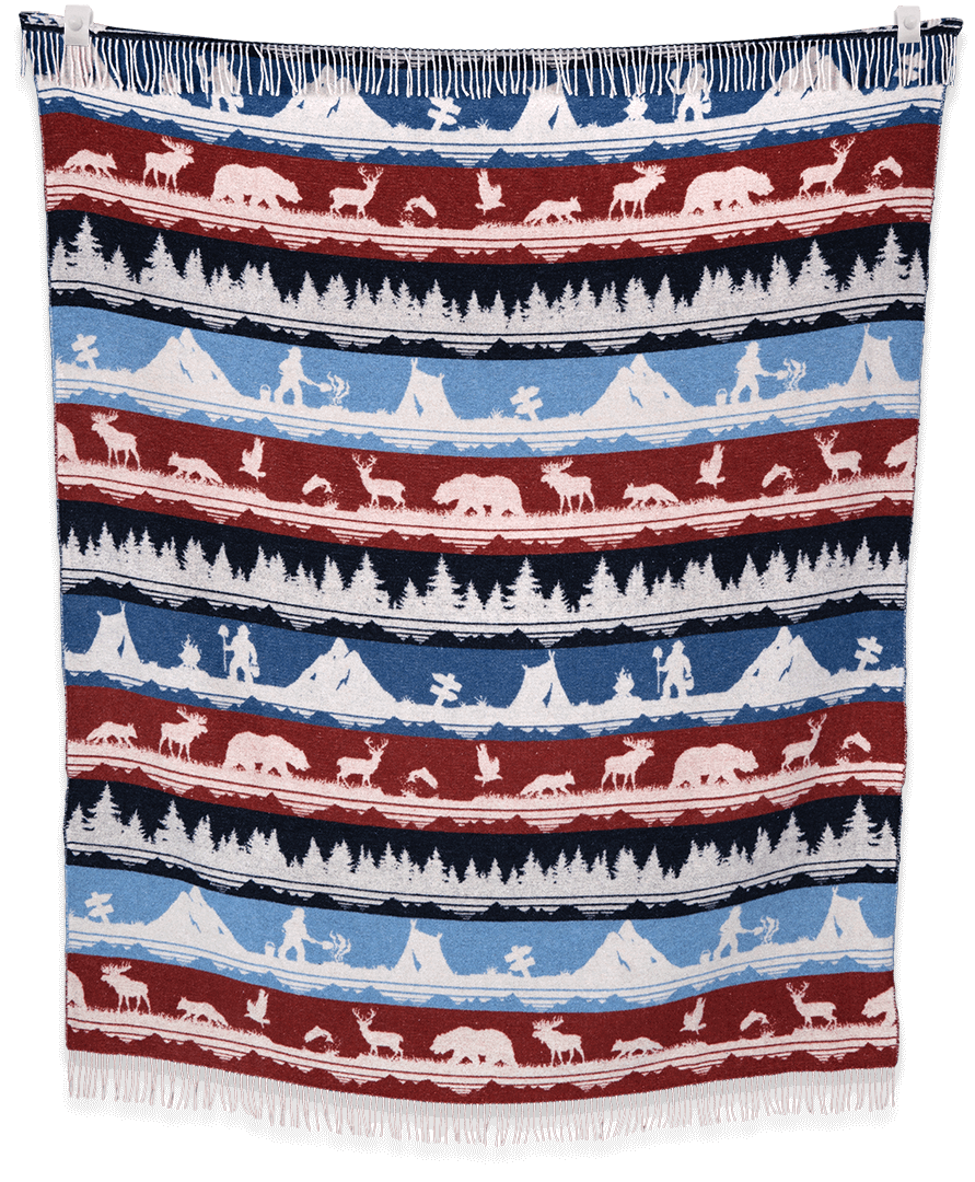 Woven blanket with nature-themed pattern featuring animals and landscapes.