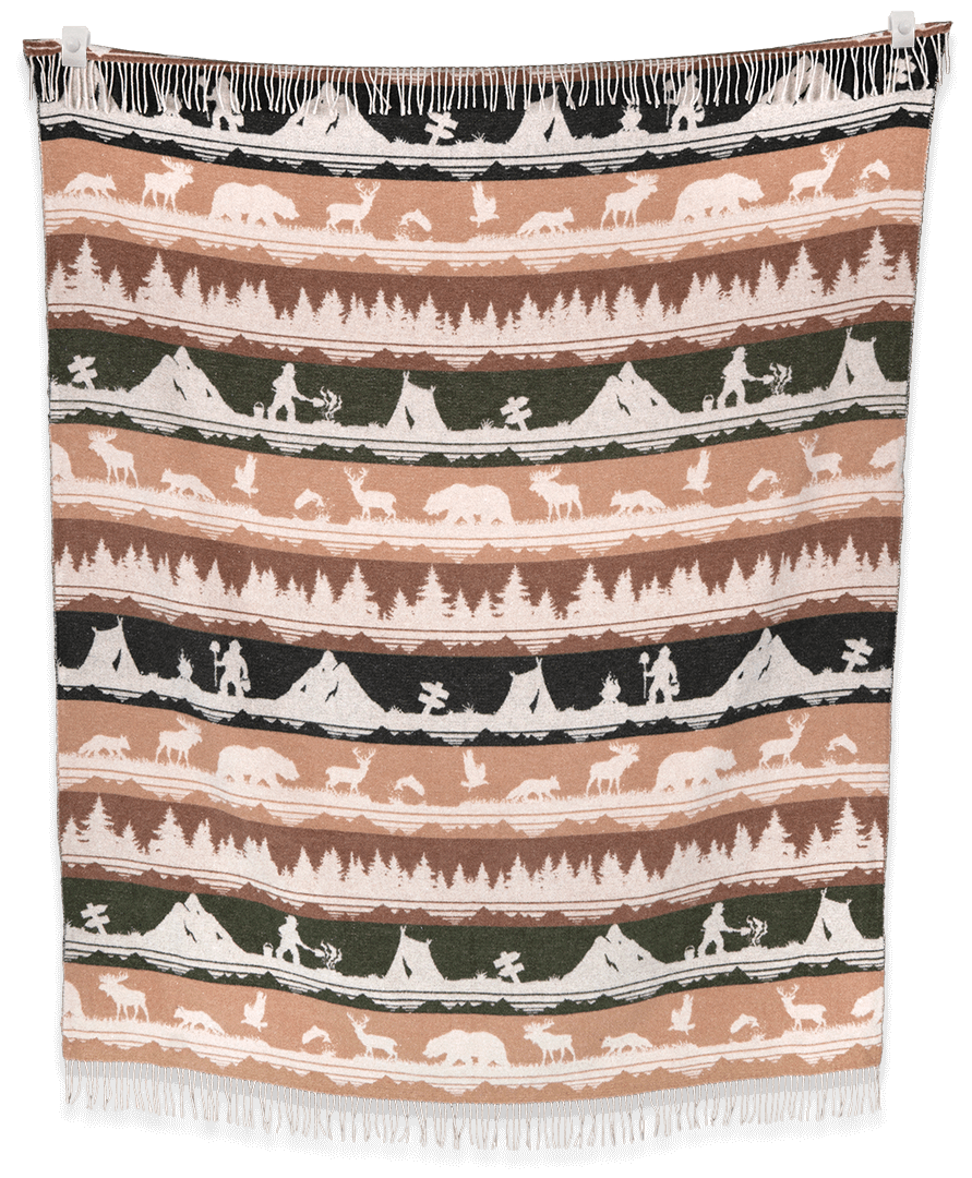 Woven blanket with Native American design featuring animals, tents, and people on a striped background.