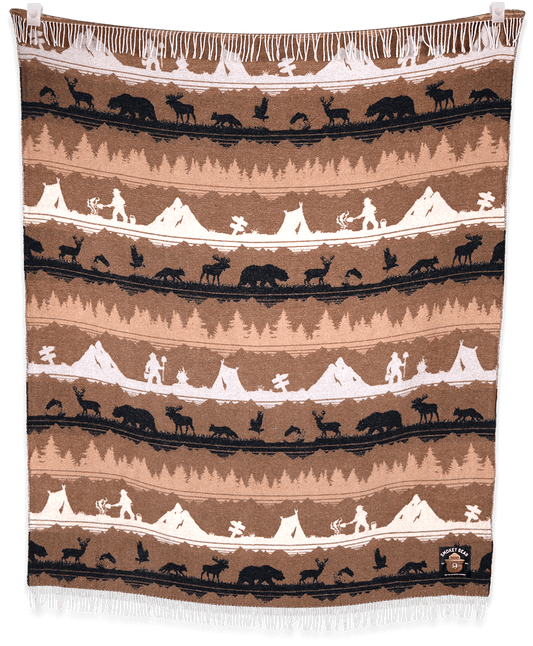 Woven blanket with Native American scene pattern on a brown background