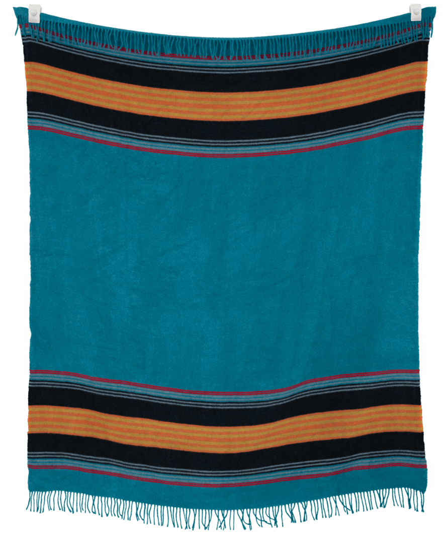 Teal blanket with horizontal stripes of orange, black, and red on a plain background