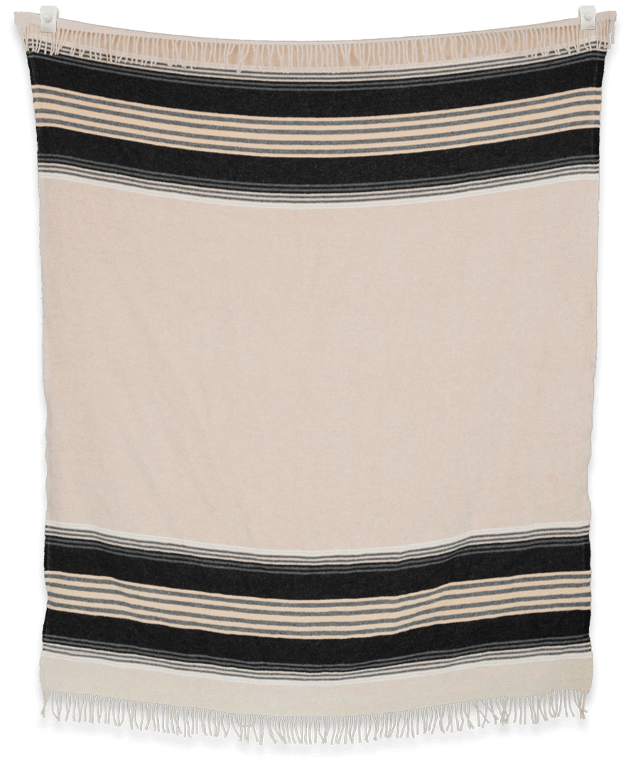 Beige and black striped blanket with fringes on a plain background