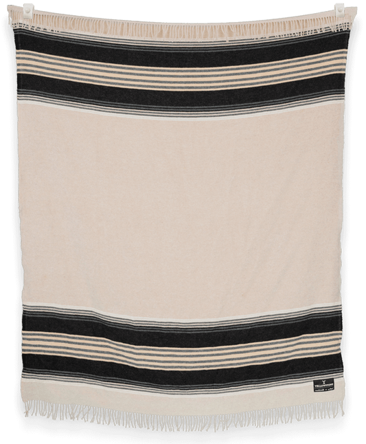 Beige and black striped blanket with fringes on a plain background