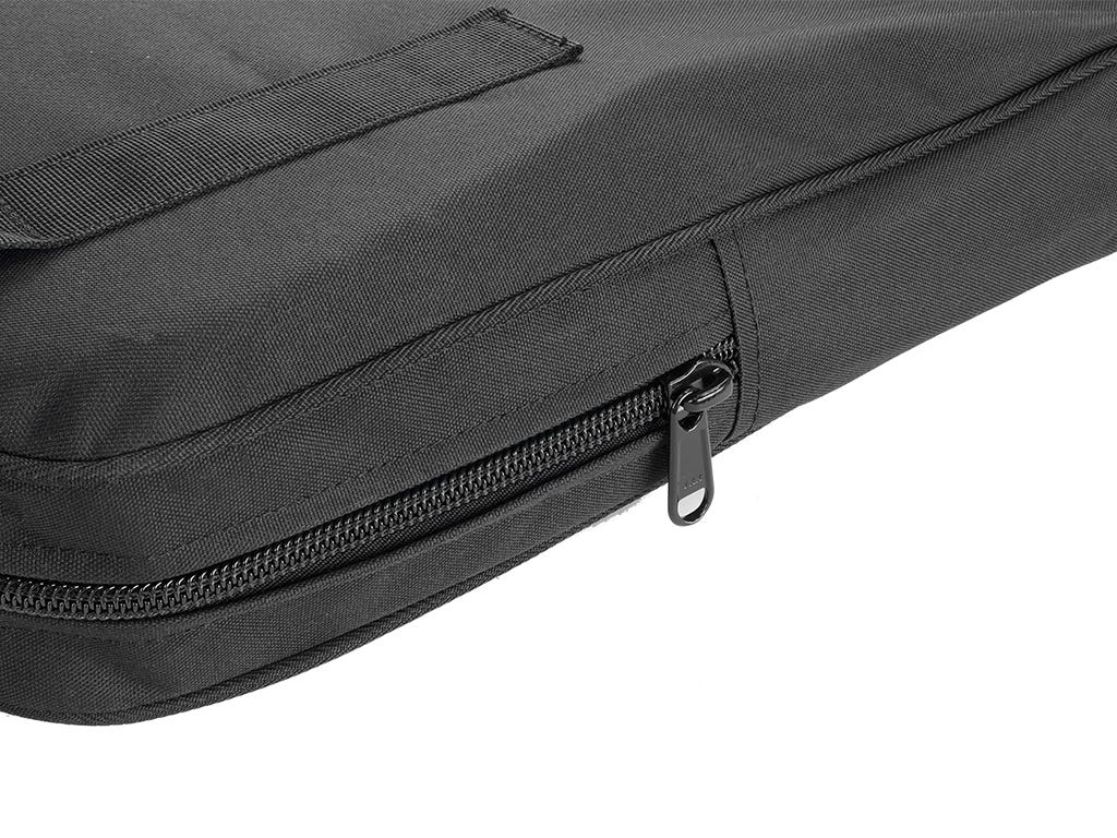 Black storage bag with a zipper on a white background
