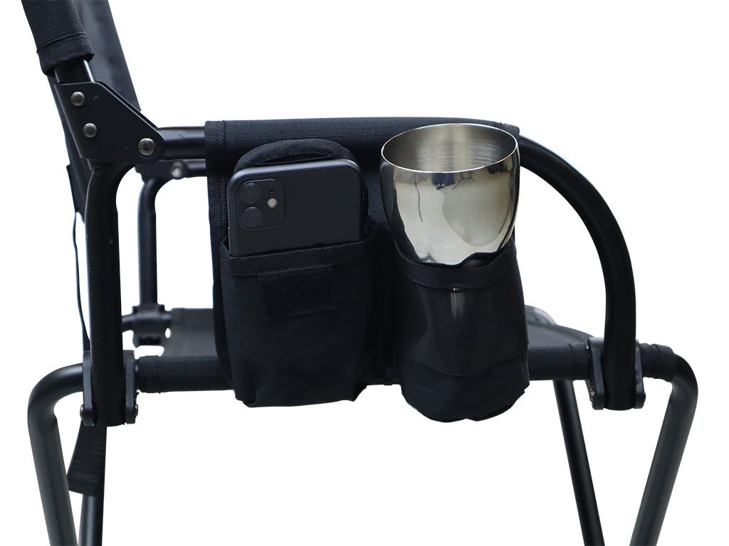 Black chair arm with cup holder and phone pocket on a white background