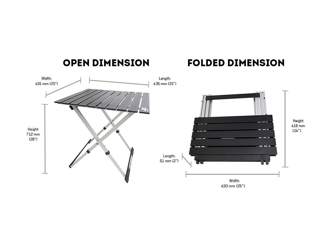Dimensions of a folding table in open and folded states on a white background