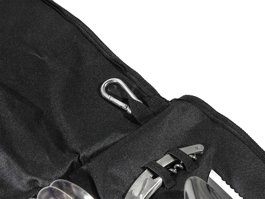 Black bag with silver zippers and carabiner on a white background