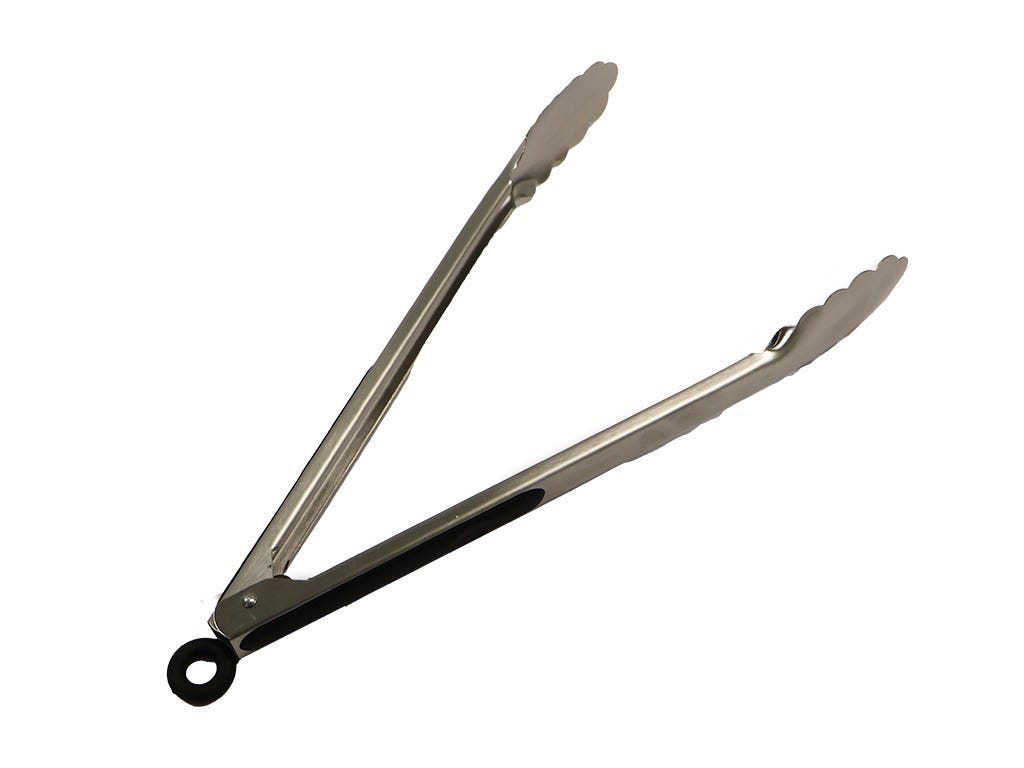 Metallic kitchen tongs on a white background