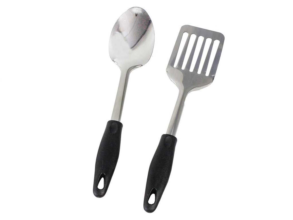 Two metal kitchen utensils with black handles on a white background
