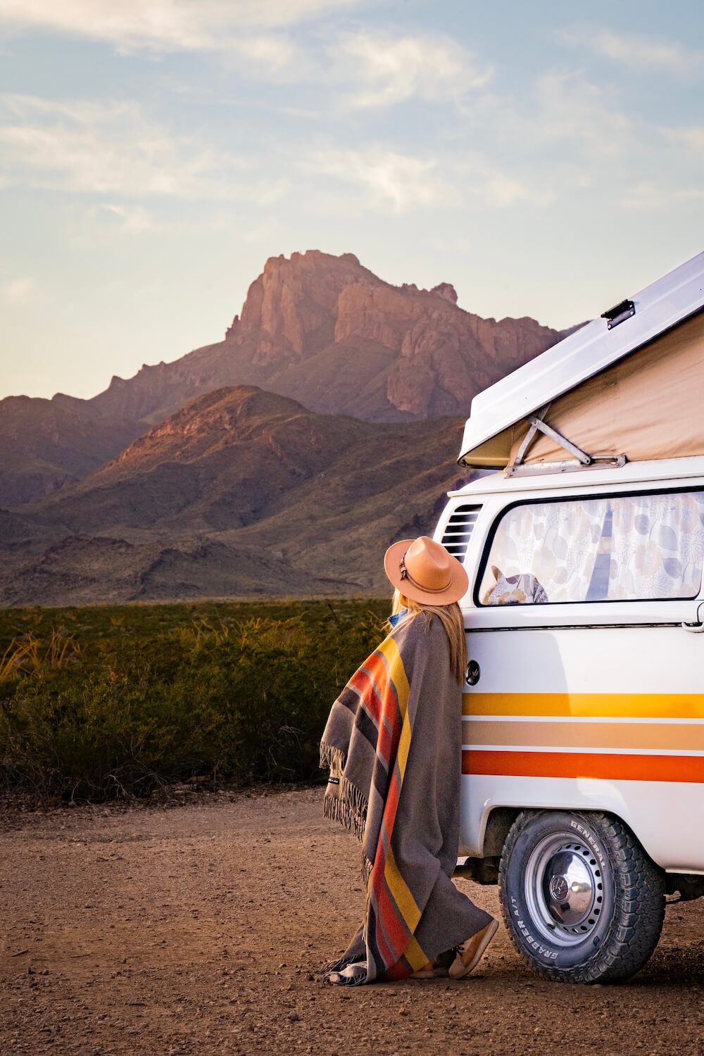 Person standing next to a vintage van with mountains in the background
